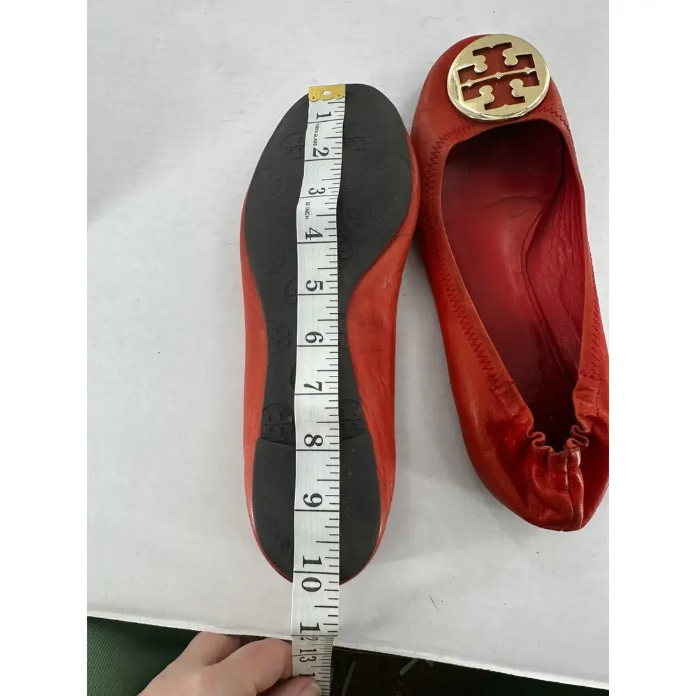 Tory Burch Flats Sz 8 Minnie Travel Orange Logo Office Classic Gold Logo Leather